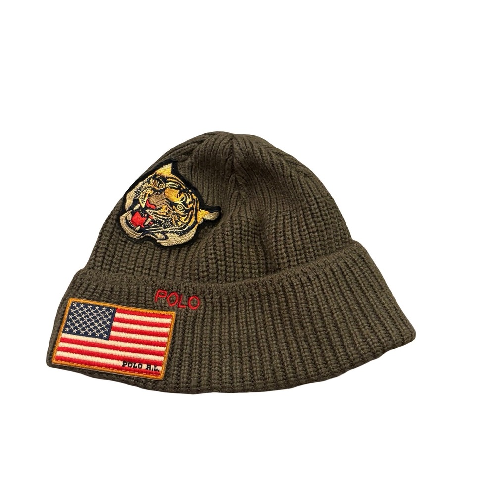 Polo Ralph Lauren Men Olive Green Ribbed Knit Beanie Tiger American Flag Patches - Picture 2 of 5